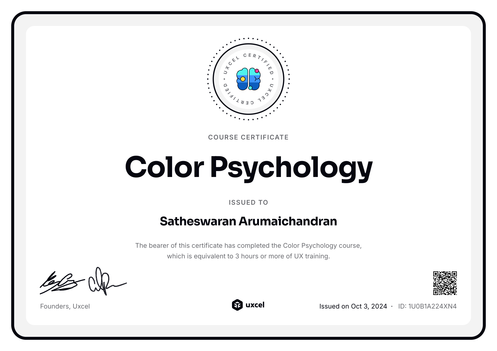Satheswaran Arumaichandran's certificate